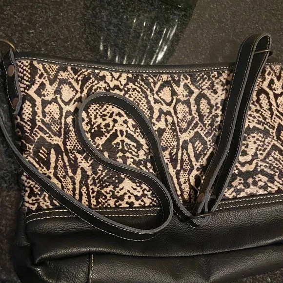 Myra Bag Black and Tan Antiquated Leather & Hairon Snake Print Bag - Picture 15 of 15